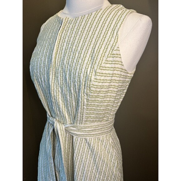 Ann Mashburn Full Zip Sleeveless Green/Cream Belted Pocket Midi Dress L 100% Cot - Picture 2 of 11